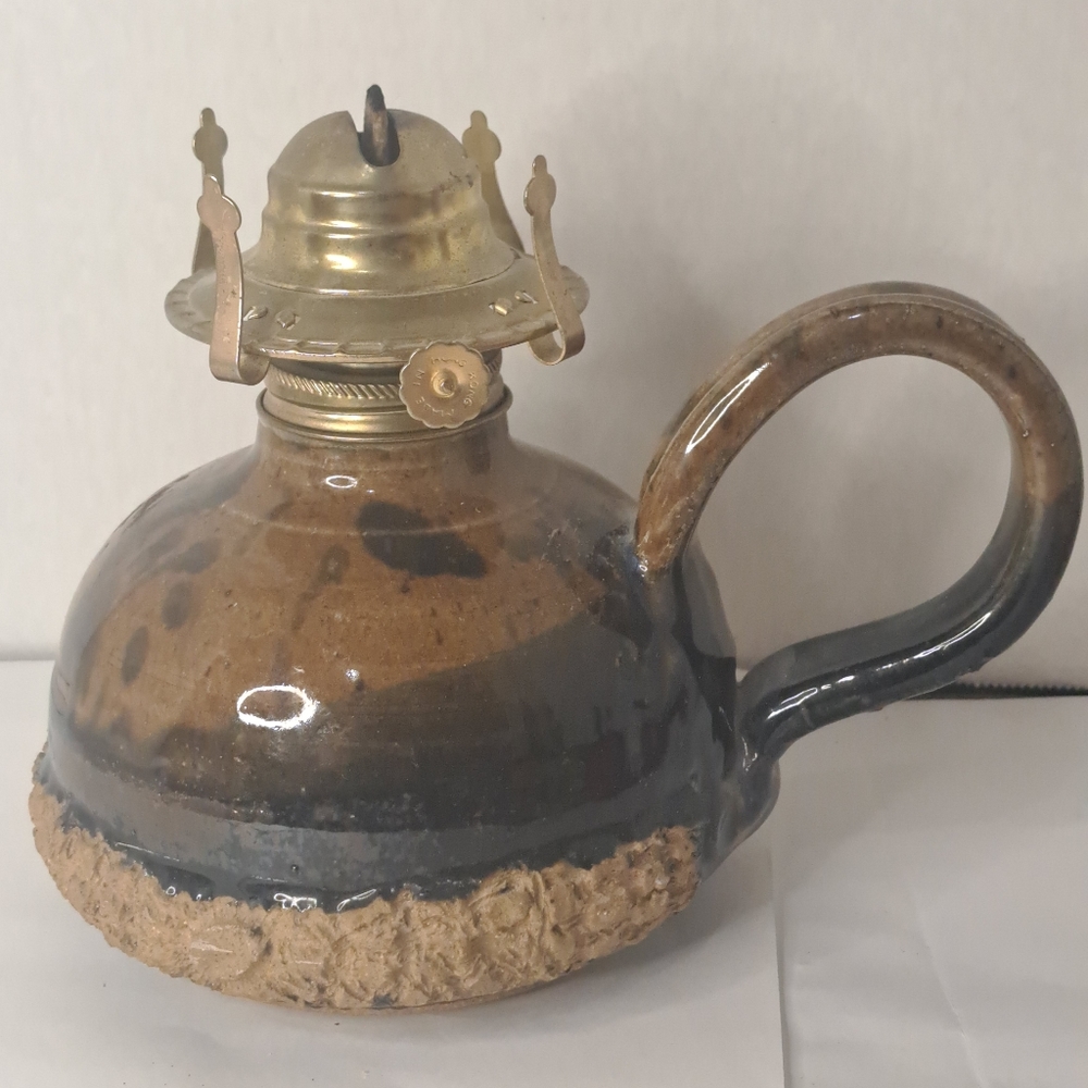 Vintage Signed Studio Art Pottery Stoneware Oil Lamp Hurricane Mystery Artist
